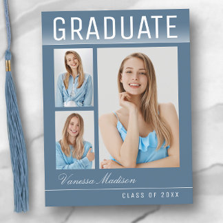 Stylish Trendy Modern 3 Photo Blue Graduation Postcard