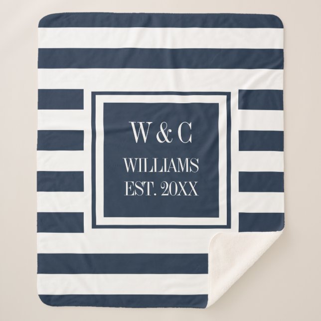 Stylish Trendy Monogram Navy Blue White Stripe Sherpa Blanket (Front)