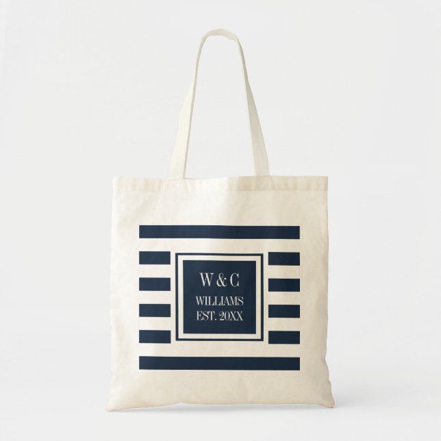 Stylish Trendy Monogram Navy Blue White Stripe Tote Bag (Front)