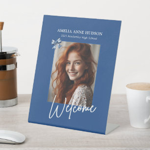 Stylish Trendy Photo Blue Graduation Party Welcome Pedestal Sign