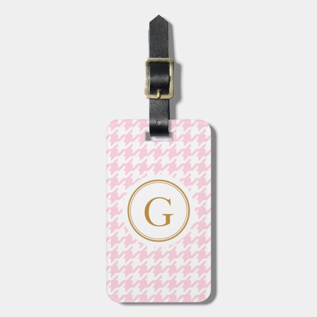 Stylish trendy pink houndstooth with monogram luggage tag (Front Vertical)