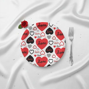 Stylish Trendy Red And Black Love Hearts Pattern  Paper Plate
