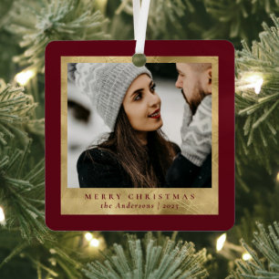 Stylish Trendy Red & Gold Christmas Couple Photo Metal Ornament
