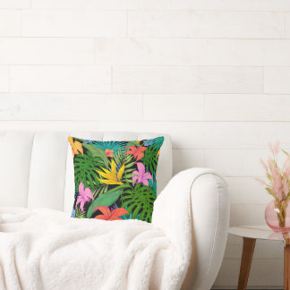 Stylish Tropical Flowers and Leaves Throw Pillow