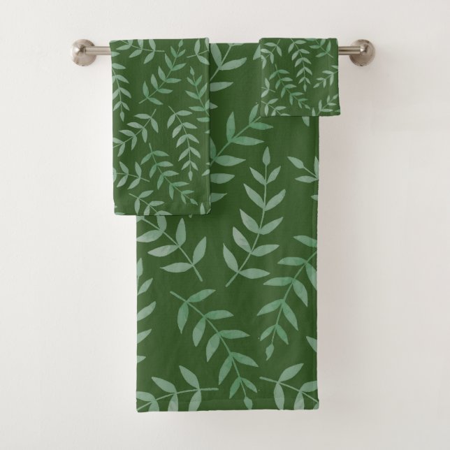 Stylish Tropical Green Leaves on Forest Green Bath Towel Set (Insitu)
