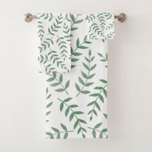 Stylish Tropical Green Leaves on White  Bath Towel Set