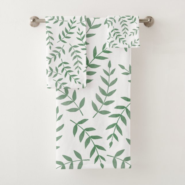 Stylish Tropical Green Leaves on White  Bath Towel Set (Insitu)