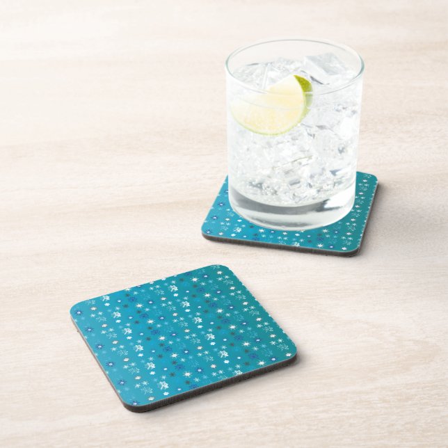 Stylish turquoise and white, stars and snowflakes coaster (Right Side)