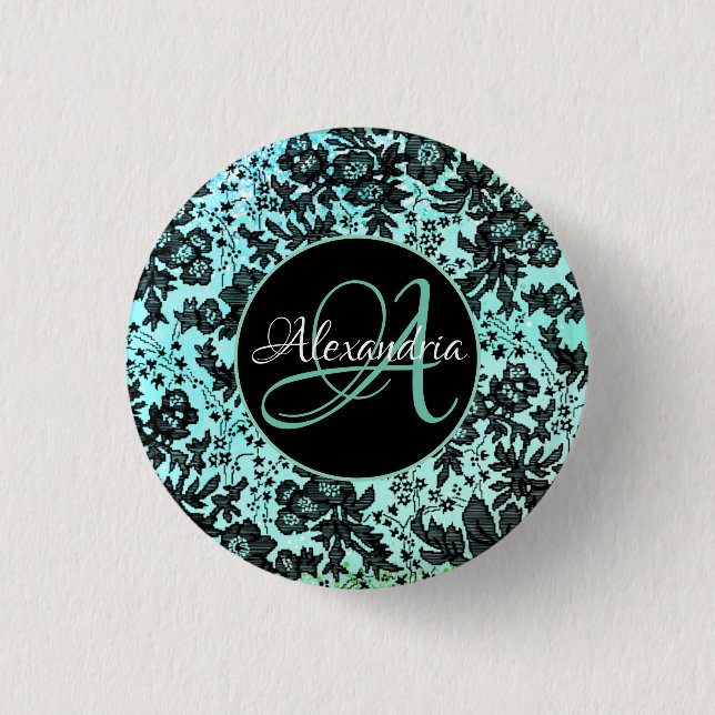 Stylish Turquoise Blue and Black Floral Monogram   1 Inch Round Button (Front)