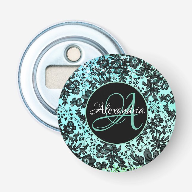 Stylish Turquoise Blue and Black Floral Monogram  Bottle Opener (Front)