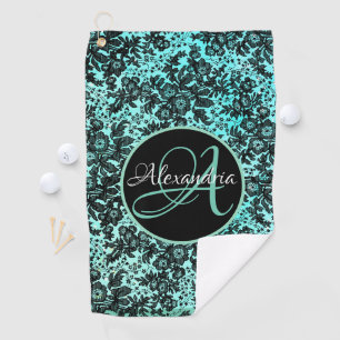 Stylish Turquoise Blue and Black Floral Monogram Golf Towel