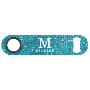Stylish Turquoise Blue Glitter Monogrammed Bar Key