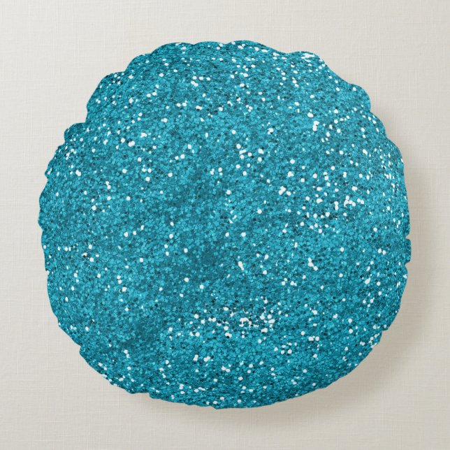 Stylish Turquoise Blue Glitter Round Pillow (Front)