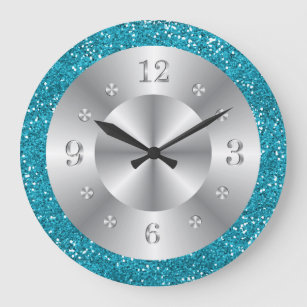 Stylish Turquoise Blue Glitter Silver Numbers Large Clock