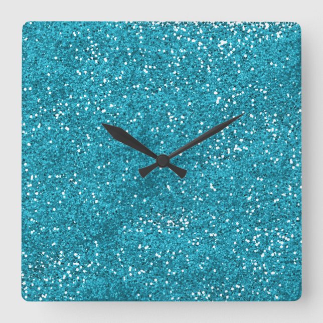 Stylish Turquoise Blue Glitter Square Wall Clock (Front)