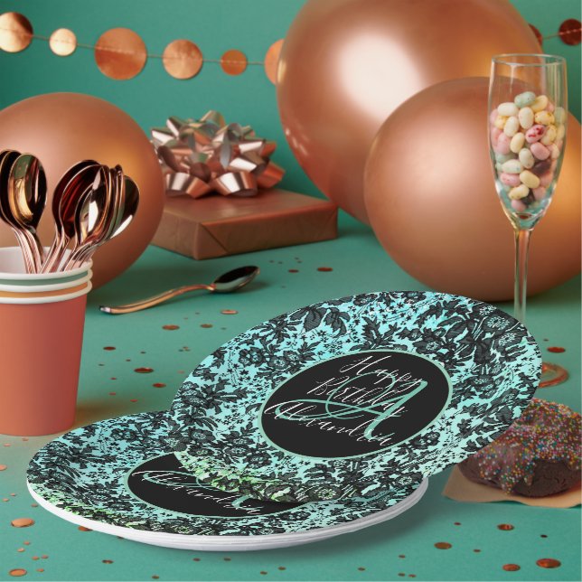 Stylish Turquoise Dark Moody Floral Birthday Paper Plate (Multi)