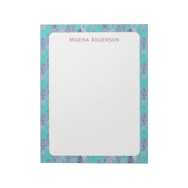Stylish turquoise floral Border Personalized Name Notepad (Rotated)