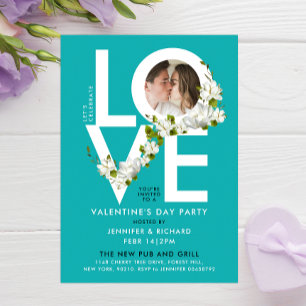 Stylish Turquoise Love Valentine Photo Floral Invitation