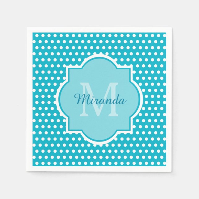 Stylish Turquoise Polka Dots Monogram With Name Napkin (Front)