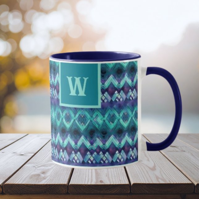 Stylish Turquoise Purple Tribal Pattern Monogram Mug (Creator Uploaded)