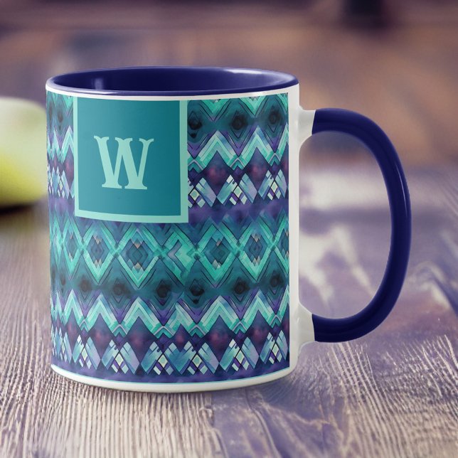 Stylish Turquoise Purple Tribal Pattern Monogram Mug (Creator Uploaded)