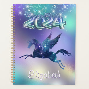 Stylish Turquoise Rainbow unicorn Glitter 2024 Planner