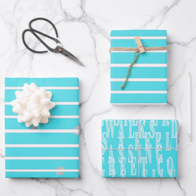  Stylish Turquoise & Silver Christmas Typography  Wrapping Paper Sheet (Front)