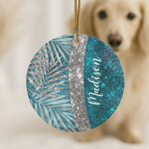 Stylish turquoise silver glitter leaves monogram ceramic ornament