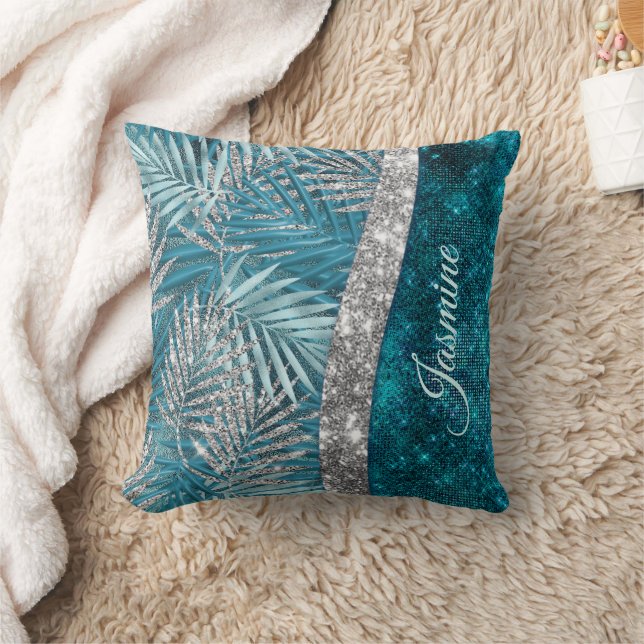 Stylish turquoise silver glitter leaves monogram throw pillow (Blanket)