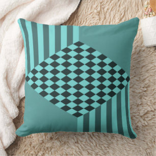 Stylish Turquoise Stripes Diamond Checkers Throw Pillow