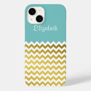 Stylish Turquoise, White and Gold Chevron Custom Case-Mate iPhone 14 Case