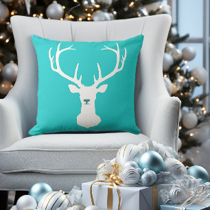 Stylish Turquoise White Tail Deer Head Silhouette  Throw Pillow