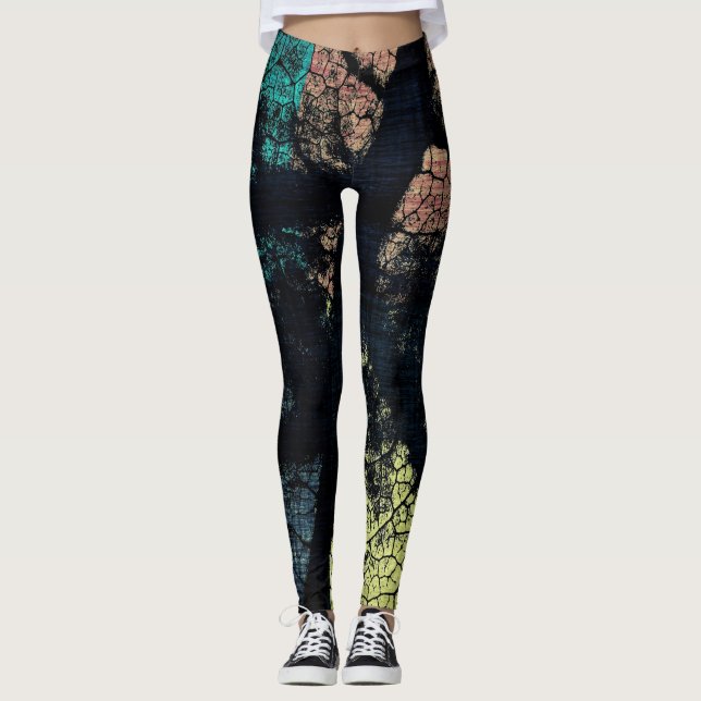 Stylish Turquoise Yellow Orange Leaf Leggings (Front)