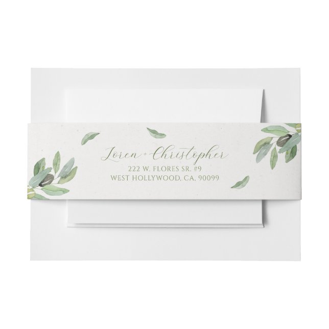  Stylish Tuscany watercolor Olive Leaves Branch Invitation Belly Band (Front Example)
