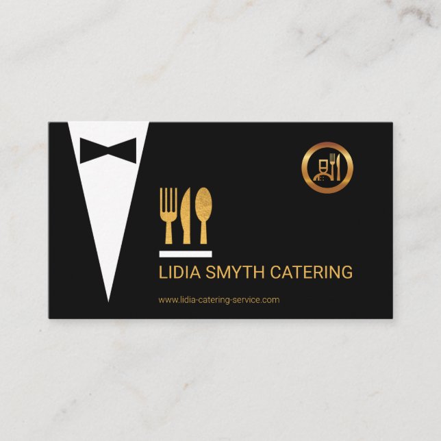 Stylish Tux Gold Fork Knife Spoon Catering Service Business Card (Front)