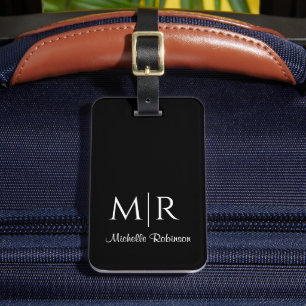Stylish Two Monogram Initial and Name Black Luggage Tag