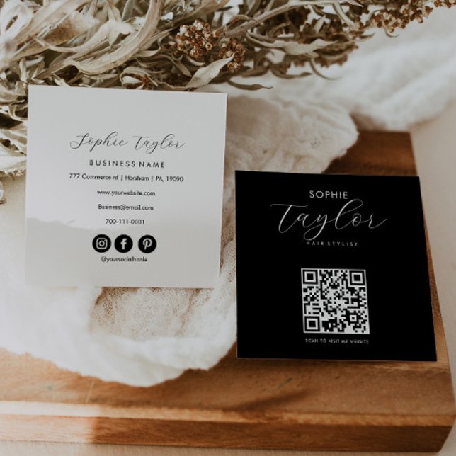 Stylish Typography Black White Qr Code Square Business Card (Creator Uploaded)