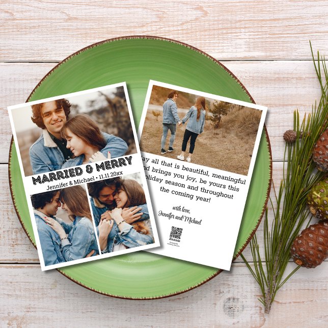 stylish typography married&merry 4 photos collage  holiday card (Creator Uploaded)