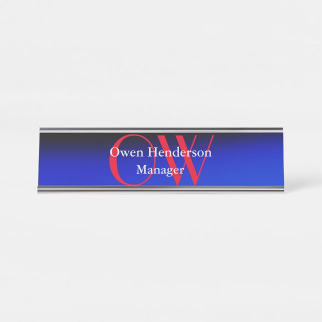 Stylish Unique Blue Red Bold Text Monogram Desk Name Plate (Front)