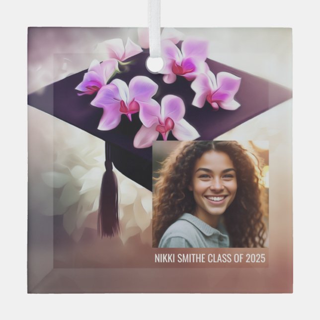 Stylish Unique Orchids Graduation Glass Ornament (Front)