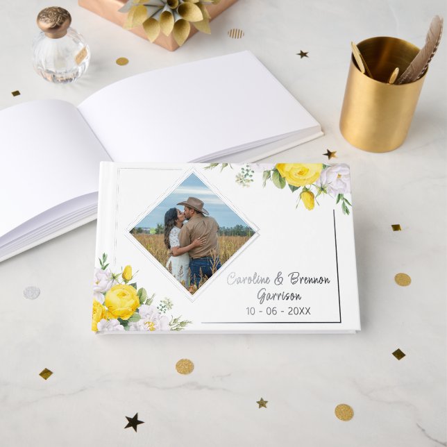 Stylish Unique Yellow White Roses Floral Gold Guest Book (Front Open)