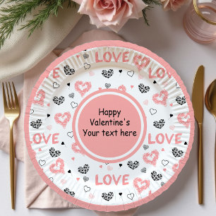 Stylish Valentine Pink Black Heart Art Paper Plate