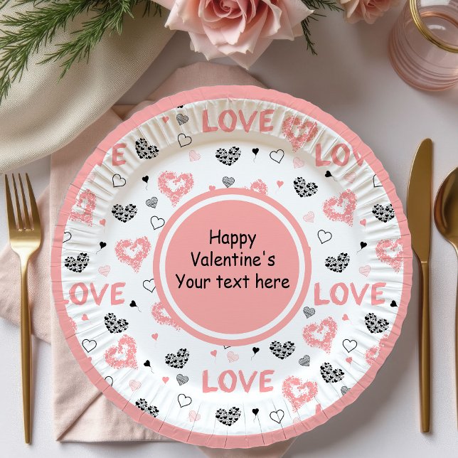 Stylish Valentine Pink Black Heart Art Paper Plate (Stylish Valentine Pink Black Heart Art Paper Plates)