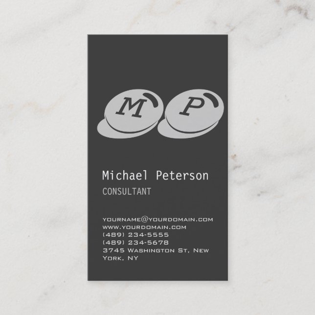 Stylish Vertical Grey Monogram Business Card (Front)