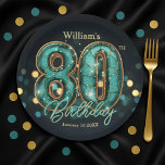 Stylish Vibrant Teal and Gold 80th Birthday Paper Plate<br><div class="desc">This design plunges into an elegant dark background, setting the stage for shimmering bokeh lights. The magnificent "80" truly pops, rendered in a stunning teal, gem-like texture, each facet catching the light, an opulent nod to eight decades of brilliance. Below, "Birthday" unfurls in a graceful script, echoing the joy of...</div>