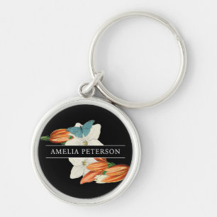 Stylish Vintage Black White Lily Floral Butterfly Keychain