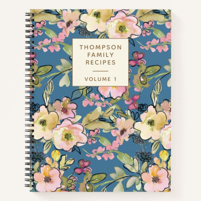 Stylish Vintage Blue Floral Personalized Recipe Notebook (Front)