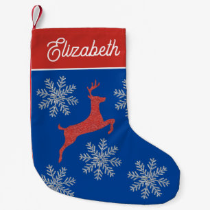 Stylish Vintage Blue Red Silver Snowflake Reindeer Small Christmas Stocking