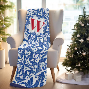Stylish vintage damask navy Blue monogram Fleece Blanket