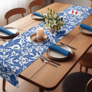Stylish vintage damask navy Blue monogram Short Table Runner